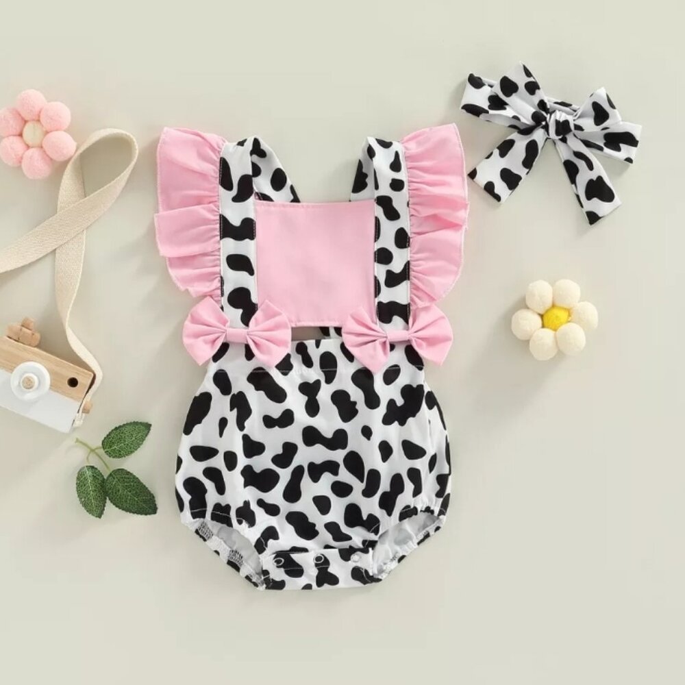 Cow Dress Barnyard Outfit Chickfila Girl Clothes First Birthday Pink romper farm